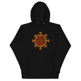 A black Xigfireon graphic hoodie featuring the Fire Colour Flat iteration of the Morning Star Fire Celtic knot design. The Morning Star Fire Celtic knot represents the Sun.