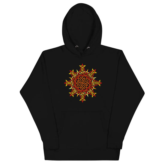 A black Xigfireon graphic hoodie featuring the Fire Colour Flat iteration of the Morning Star Fire Celtic knot design. The Morning Star Fire Celtic knot represents the Sun.