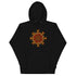 A black Xigfireon graphic hoodie featuring the Fire Colour Flat iteration of the Morning Star Fire Celtic knot design. The Morning Star Fire Celtic knot represents the Sun.
