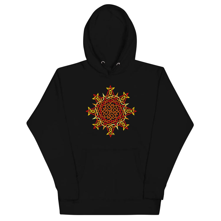 A black Xigfireon graphic hoodie featuring the Fire Colour Flat iteration of the Morning Star Fire Celtic knot design. The Morning Star Fire Celtic knot represents the Sun.