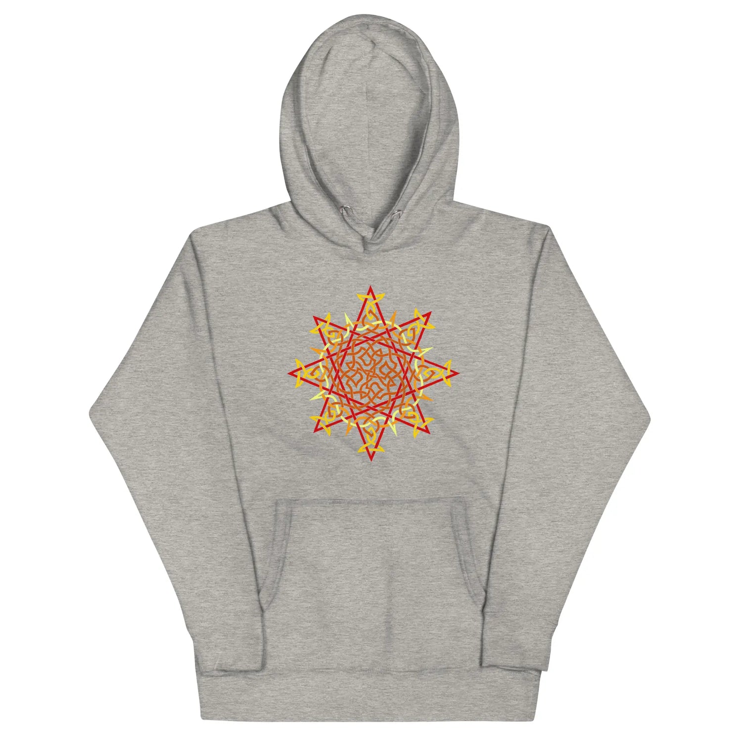 A carbon grey Xigfireon graphic hoodie featuring the Fire Colour Flat iteration of the Morning Star Fire Celtic knot design. The Morning Star Fire Celtic knot represents the Sun.