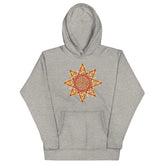 A carbon grey Xigfireon graphic hoodie featuring the Fire Colour Flat iteration of the Morning Star Fire Celtic knot design. The Morning Star Fire Celtic knot represents the Sun.