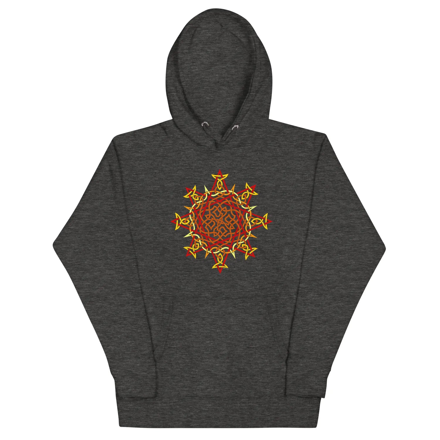 A charcoal heather Xigfireon graphic hoodie featuring the Fire Colour Flat iteration of the Morning Star Fire Celtic knot design. The Morning Star Fire Celtic knot represents the Sun.