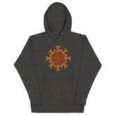 A charcoal heather Xigfireon graphic hoodie featuring the Fire Colour Flat iteration of the Morning Star Fire Celtic knot design. The Morning Star Fire Celtic knot represents the Sun.