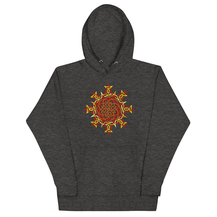 A charcoal heather Xigfireon graphic hoodie featuring the Fire Colour Flat iteration of the Morning Star Fire Celtic knot design. The Morning Star Fire Celtic knot represents the Sun.