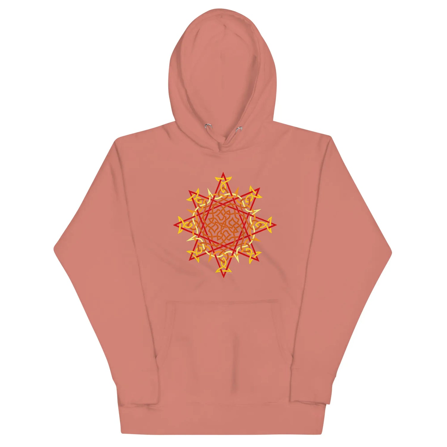 A dusty rose Xigfireon graphic hoodie featuring the Fire Colour Flat iteration of the Morning Star Fire Celtic knot design. The Morning Star Fire Celtic knot represents the Sun.