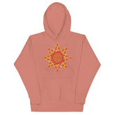 A dusty rose Xigfireon graphic hoodie featuring the Fire Colour Flat iteration of the Morning Star Fire Celtic knot design. The Morning Star Fire Celtic knot represents the Sun.