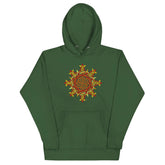A forest green Xigfireon graphic hoodie featuring the Fire Colour Flat iteration of the Morning Star Fire Celtic knot design. The Morning Star Fire Celtic knot represents the Sun.
