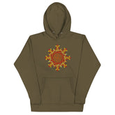 A military green Xigfireon graphic hoodie featuring the Fire Colour Flat iteration of the Morning Star Fire Celtic knot design. The Morning Star Fire Celtic knot represents the Sun.