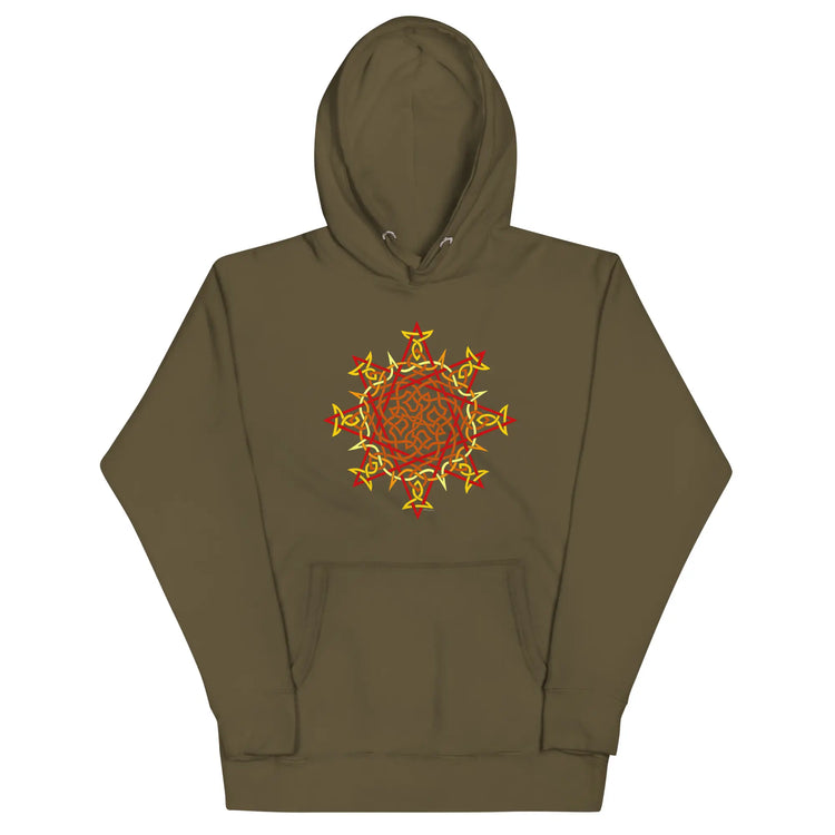 A military green Xigfireon graphic hoodie featuring the Fire Colour Flat iteration of the Morning Star Fire Celtic knot design. The Morning Star Fire Celtic knot represents the Sun.