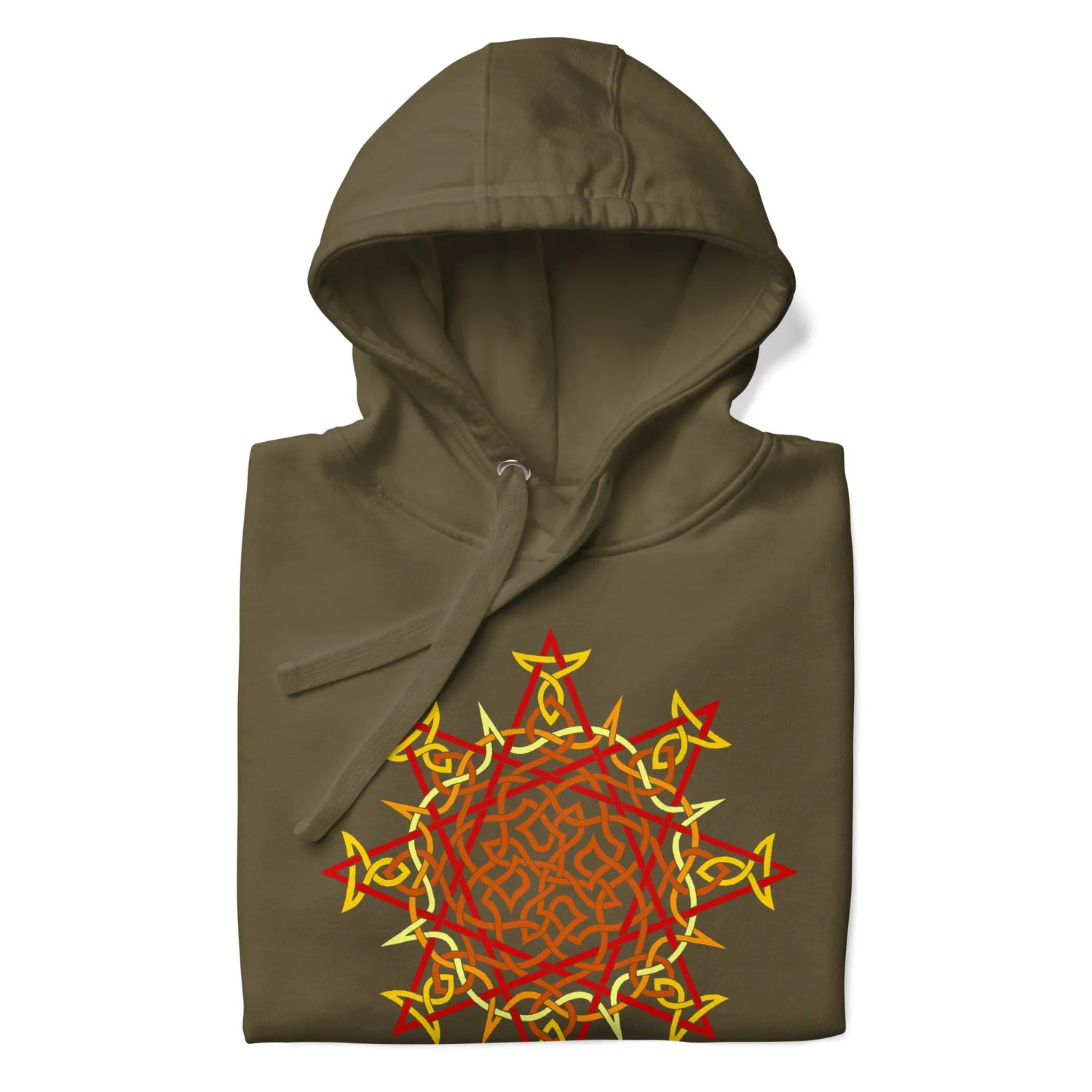 A folded military green Xigfireon graphic hoodie featuring the Fire Colour Flat iteration of the Morning Star Fire Celtic knot design. The Morning Star Fire Celtic knot represents our brilliant Father Sun.