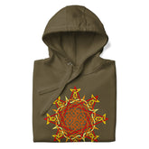 A folded military green Xigfireon graphic hoodie featuring the Fire Colour Flat iteration of the Morning Star Fire Celtic knot design. The Morning Star Fire Celtic knot represents our brilliant Father Sun.