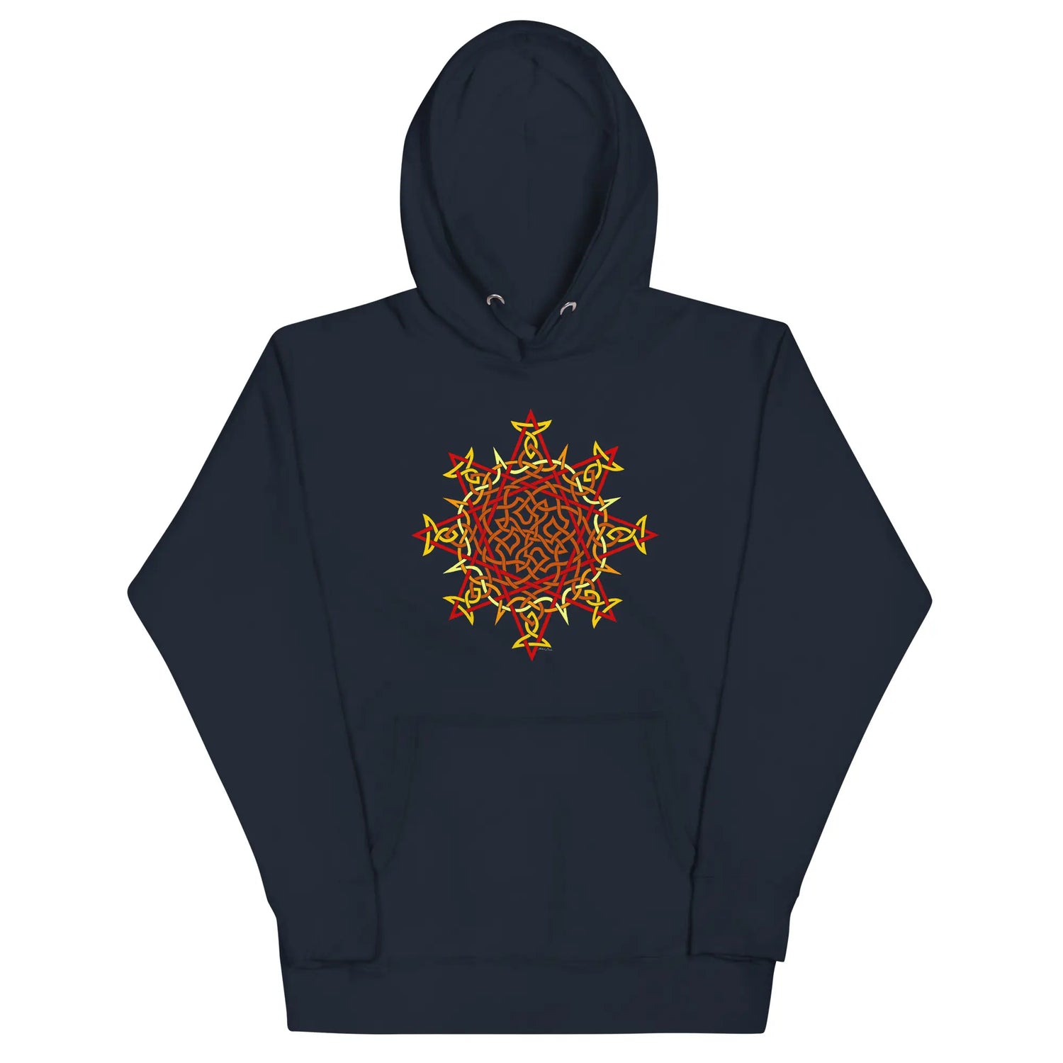 A navy blazer blue Xigfireon graphic hoodie featuring the Fire Colour Flat iteration of the Morning Star Fire Celtic knot design. The Morning Star Fire Celtic knot represents the Sun.