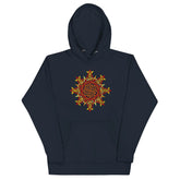 A navy blazer blue Xigfireon graphic hoodie featuring the Fire Colour Flat iteration of the Morning Star Fire Celtic knot design. The Morning Star Fire Celtic knot represents the Sun.