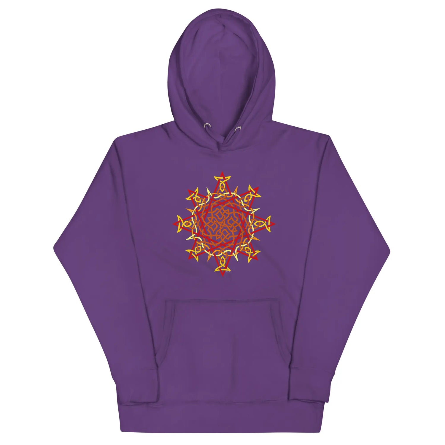 A purple Xigfireon graphic hoodie featuring the Fire Colour Flat iteration of the Morning Star Fire Celtic knot design. The Morning Star Fire Celtic knot represents the Sun.