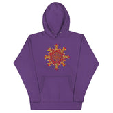 A purple Xigfireon graphic hoodie featuring the Fire Colour Flat iteration of the Morning Star Fire Celtic knot design. The Morning Star Fire Celtic knot represents the Sun.