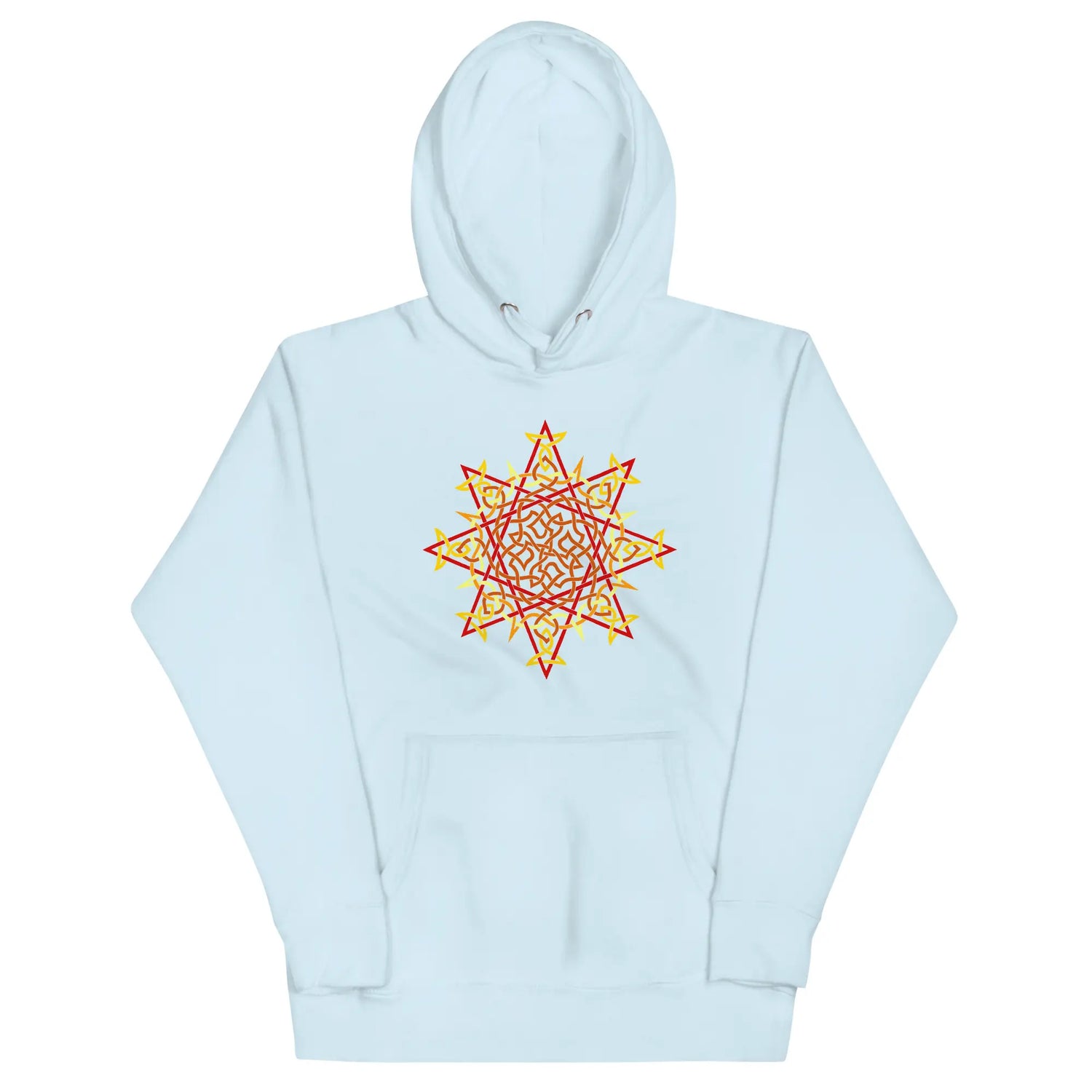 A sky blue Xigfireon graphic hoodie featuring the Fire Colour Flat iteration of the Morning Star Fire Celtic knot design. The Morning Star Fire Celtic knot represents the Sun.