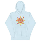 A sky blue Xigfireon graphic hoodie featuring the Fire Colour Flat iteration of the Morning Star Fire Celtic knot design. The Morning Star Fire Celtic knot represents the Sun.
