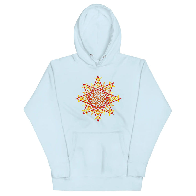A sky blue Xigfireon graphic hoodie featuring the Fire Colour Flat iteration of the Morning Star Fire Celtic knot design. The Morning Star Fire Celtic knot represents the Sun.