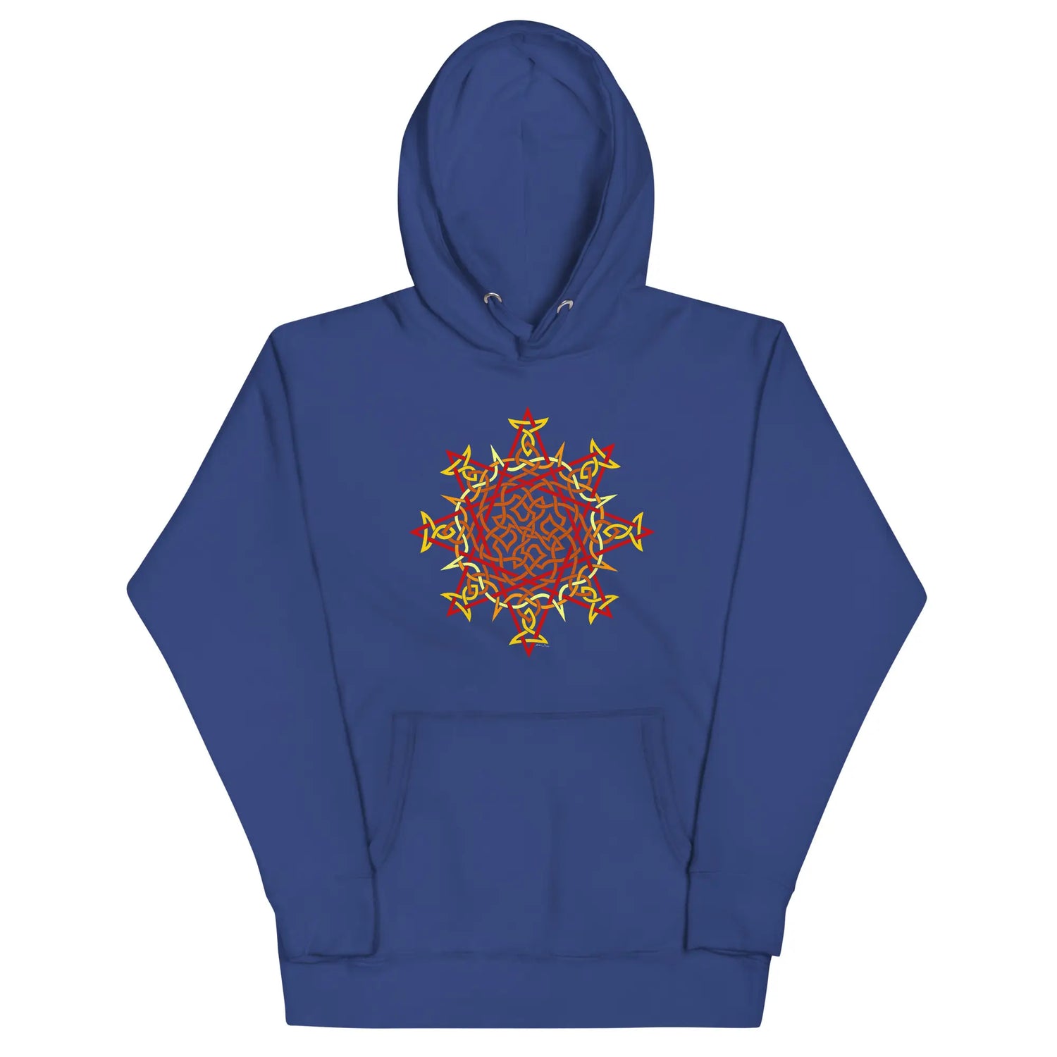A team royal blue Xigfireon graphic hoodie featuring the Fire Colour Flat iteration of the Morning Star Fire Celtic knot design. The Morning Star Fire Celtic knot represents the Sun.