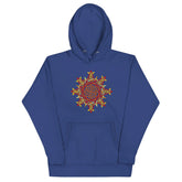 A team royal blue Xigfireon graphic hoodie featuring the Fire Colour Flat iteration of the Morning Star Fire Celtic knot design. The Morning Star Fire Celtic knot represents the Sun.