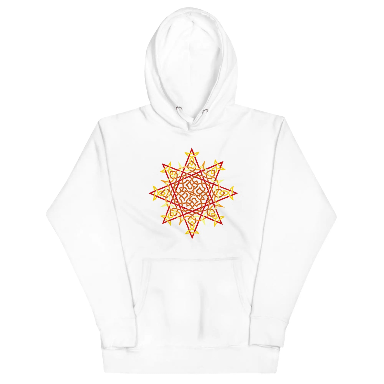 A white Xigfireon graphic hoodie featuring the Fire Colour Flat iteration of the Morning Star Fire Celtic knot design. The Morning Star Fire Celtic knot represents the Sun.