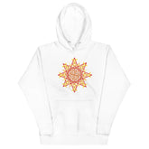 A white Xigfireon graphic hoodie featuring the Fire Colour Flat iteration of the Morning Star Fire Celtic knot design. The Morning Star Fire Celtic knot represents the Sun.