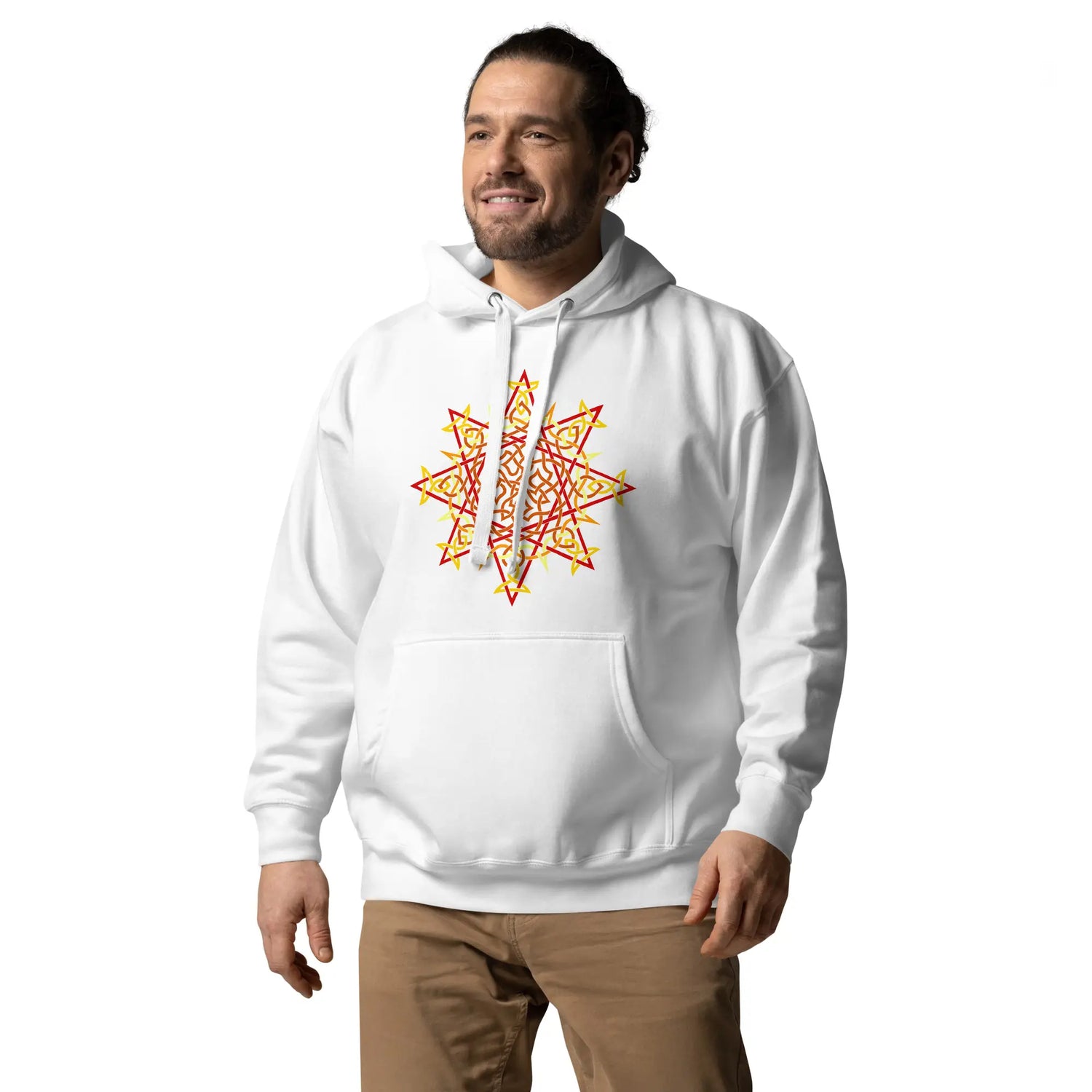 A young man wearing a white Xigfireon graphic hoodie featuring the Fire Colour Flat iteration of the Morning Star Fire Celtic knot design. The Morning Star Fire Celtic knot represents our brilliant Father Sun.