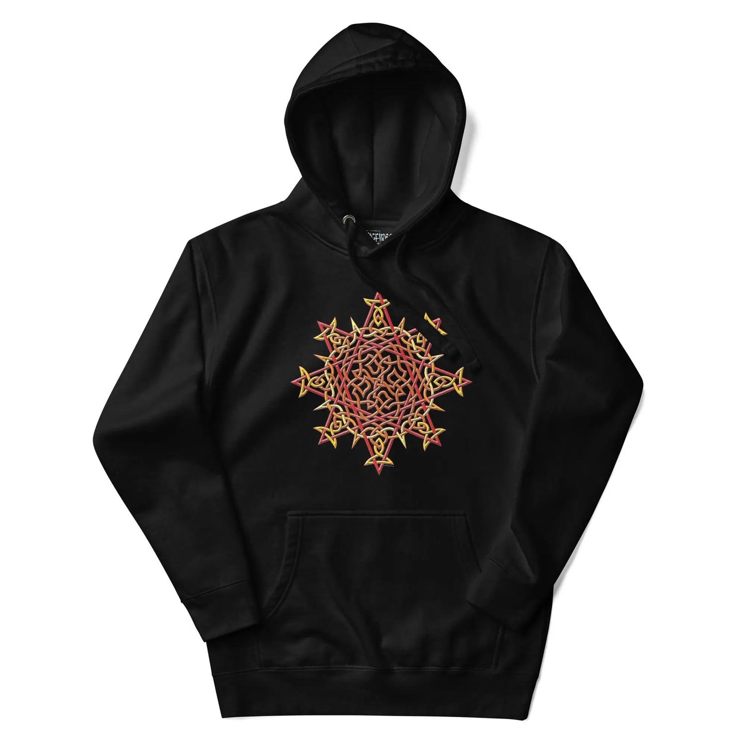 A black Xigfireon graphic hoodie featuring the Fire Colour iteration of the Morning Star Fire Celtic knot design. This Celtic knot symbolizes the Sun.