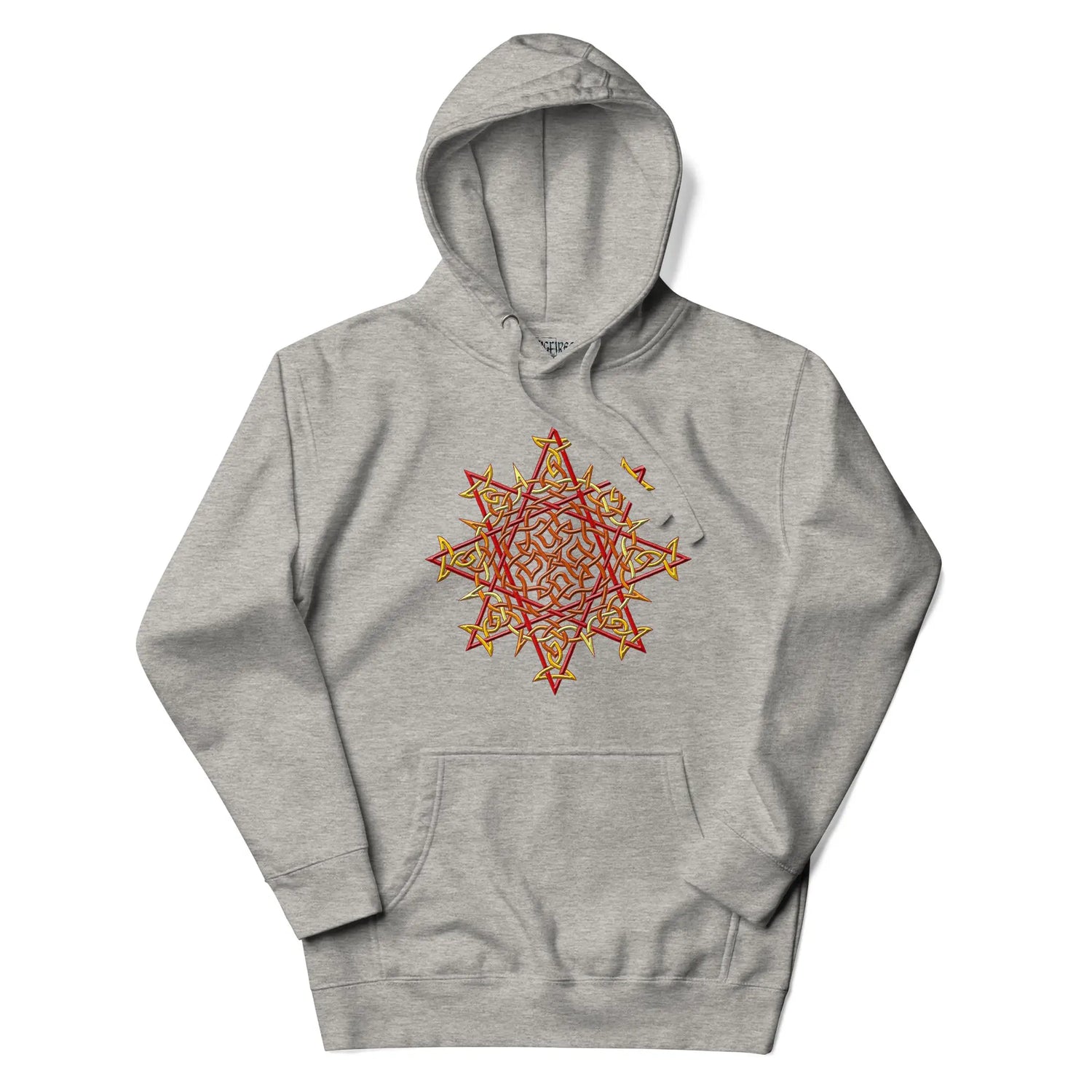 A carbon grey Xigfireon graphic hoodie featuring the Fire Colour iteration of the Morning Star Fire Celtic knot design. This Celtic knot symbolizes the Sun.