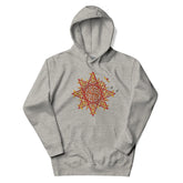A carbon grey Xigfireon graphic hoodie featuring the Fire Colour iteration of the Morning Star Fire Celtic knot design. This Celtic knot symbolizes the Sun.