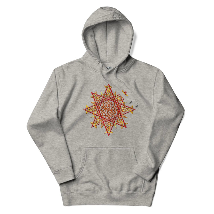 A carbon grey Xigfireon graphic hoodie featuring the Fire Colour iteration of the Morning Star Fire Celtic knot design. This Celtic knot symbolizes the Sun.