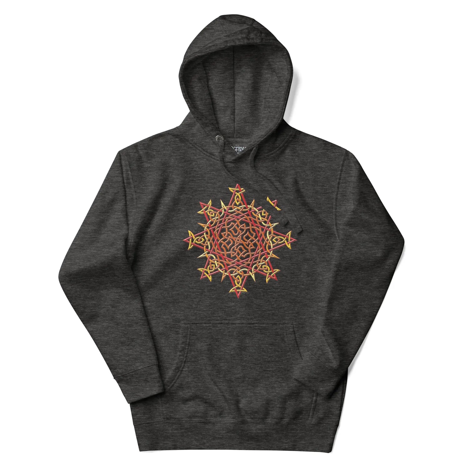 A charcoal heather Xigfireon graphic hoodie featuring the Fire Colour iteration of the Morning Star Fire Celtic knot design. This Celtic knot symbolizes the Sun.