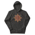 A charcoal heather Xigfireon graphic hoodie featuring the Fire Colour iteration of the Morning Star Fire Celtic knot design. This Celtic knot symbolizes the Sun.