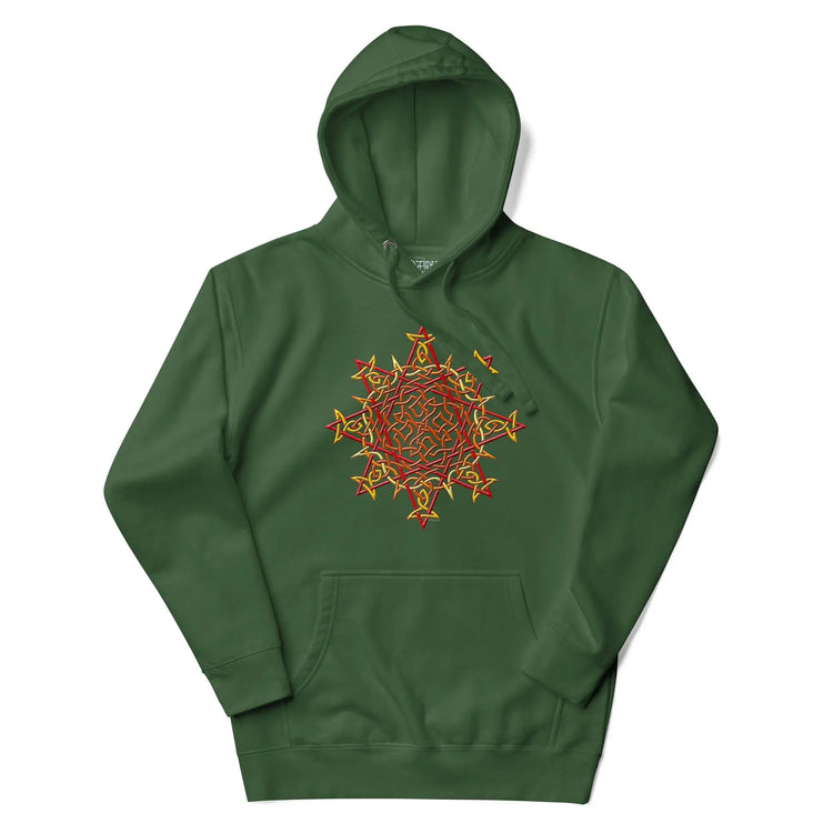 A forest green Xigfireon graphic hoodie featuring the Fire Colour iteration of the Morning Star Fire Celtic knot design. This Celtic knot symbolizes the Sun.