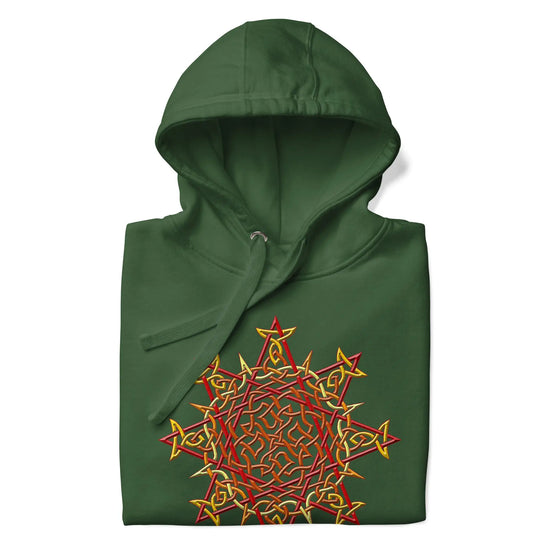 A folded forest green Xigfireon graphic hoodie featuring the Fire Colour iteration of the Morning Star Fire Celtic knot design. This Celtic knot symbolizes the Sun.
