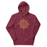 A maroon Xigfireon graphic hoodie featuring the Fire Colour iteration of the Morning Star Fire Celtic knot design. This Celtic knot symbolizes the Sun.