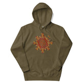 A military green Xigfireon graphic hoodie featuring the Fire Colour iteration of the Morning Star Fire Celtic knot design. This Celtic knot symbolizes the Sun.