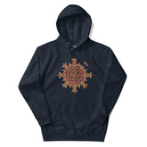 A navy blazer blue Xigfireon graphic hoodie featuring the Fire Colour iteration of the Morning Star Fire Celtic knot design. This Celtic knot symbolizes the Sun.
