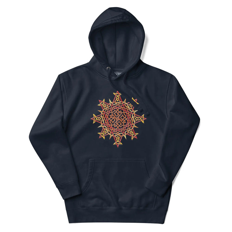 A navy blazer blue Xigfireon graphic hoodie featuring the Fire Colour iteration of the Morning Star Fire Celtic knot design. This Celtic knot symbolizes the Sun.