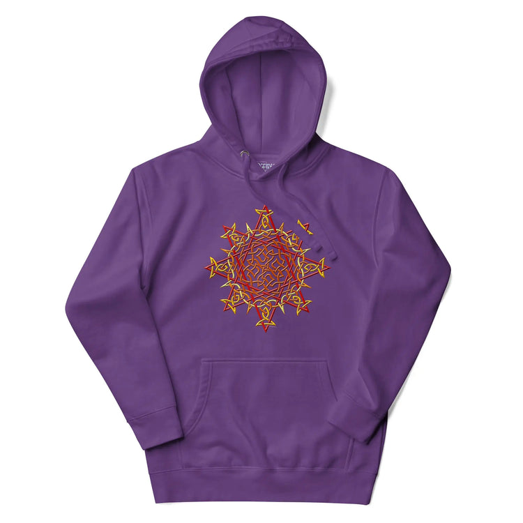A purple Xigfireon graphic hoodie featuring the Fire Colour iteration of the Morning Star Fire Celtic knot design. This Celtic knot symbolizes the Sun.