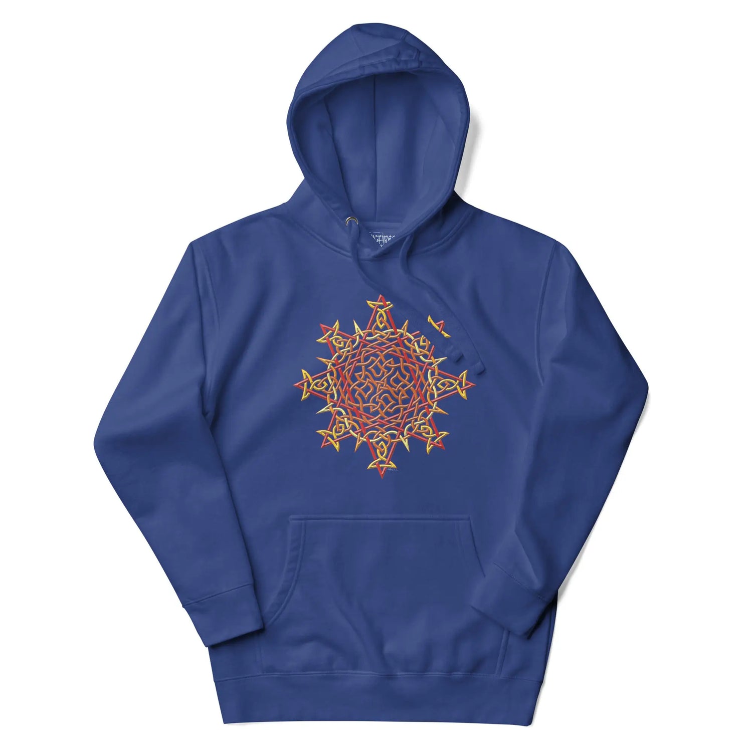 A royal blue Xigfireon graphic hoodie featuring the Fire Colour iteration of the Morning Star Fire Celtic knot design. This Celtic knot symbolizes the Sun.