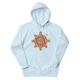 A sky blue Xigfireon graphic hoodie featuring the Fire Colour iteration of the Morning Star Fire Celtic knot design. This Celtic knot symbolizes the Sun.