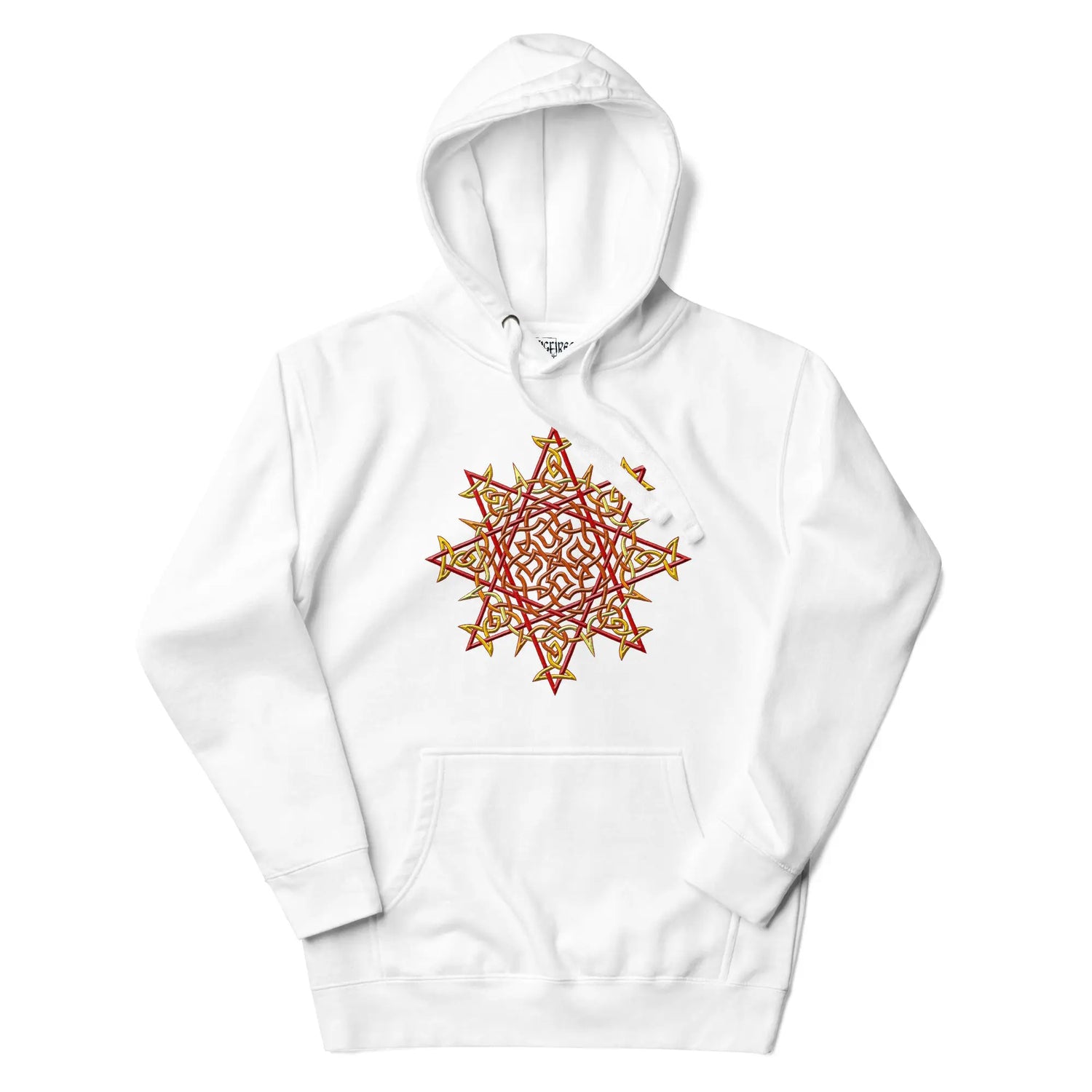 A white Xigfireon graphic hoodie featuring the Fire Colour iteration of the Morning Star Fire Celtic knot design. This Celtic knot symbolizes the Sun.