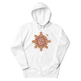 A white Xigfireon graphic hoodie featuring the Fire Colour iteration of the Morning Star Fire Celtic knot design. This Celtic knot symbolizes the Sun.