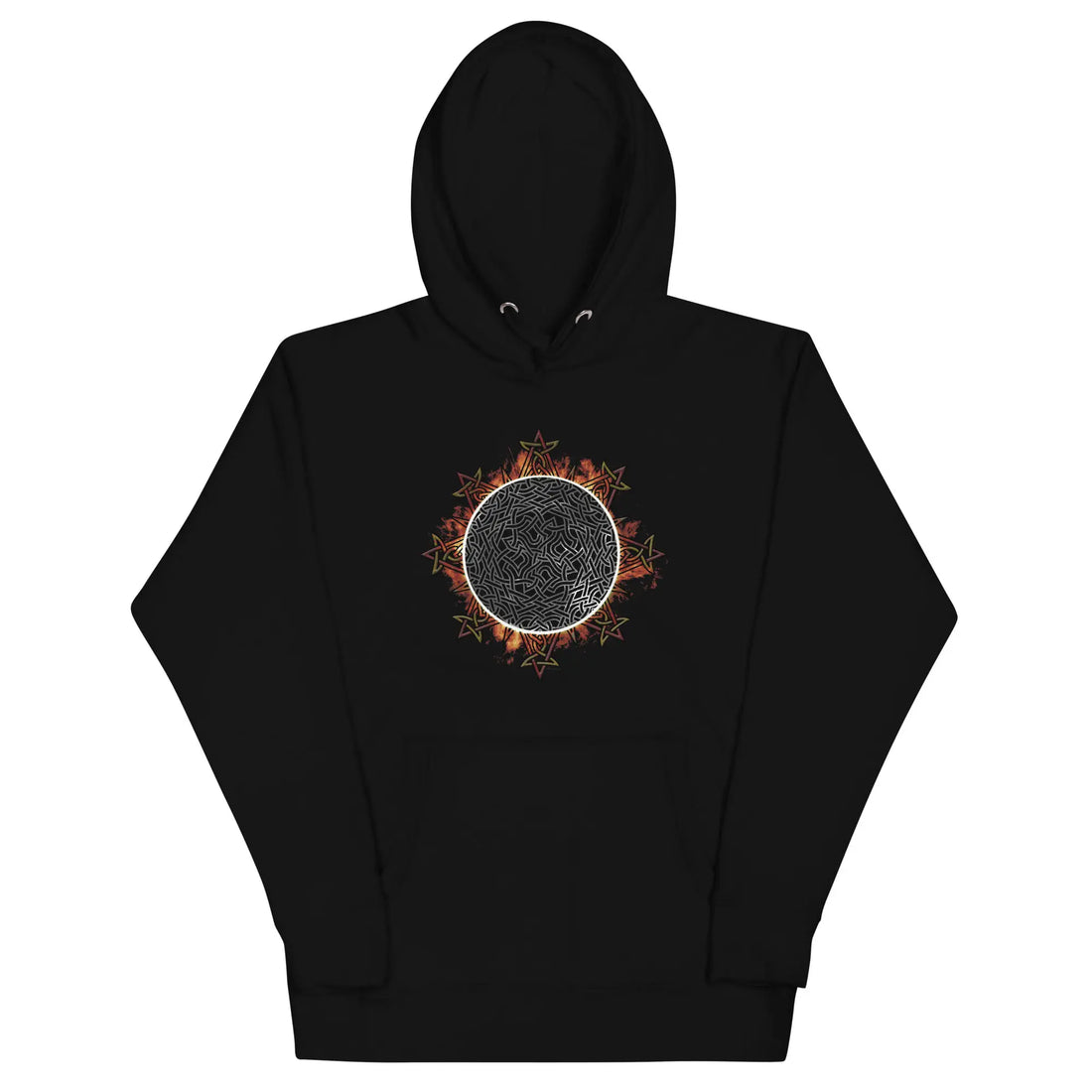 A black Xigfireon graphic hoodie featuring the Eclipsed iteration of the Morning Star Fire Celtic knot design, inspired by the 2023 Annular Solar Eclipse.