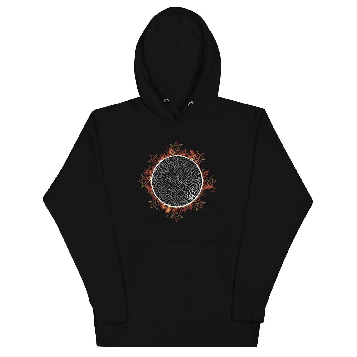 A black Xigfireon graphic hoodie featuring the Eclipsed iteration of the Morning Star Fire Celtic knot design, inspired by the 2023 Annular Solar Eclipse.