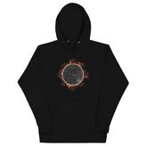 A black Xigfireon graphic hoodie featuring the Eclipsed iteration of the Morning Star Fire Celtic knot design, inspired by the 2023 Annular Solar Eclipse.