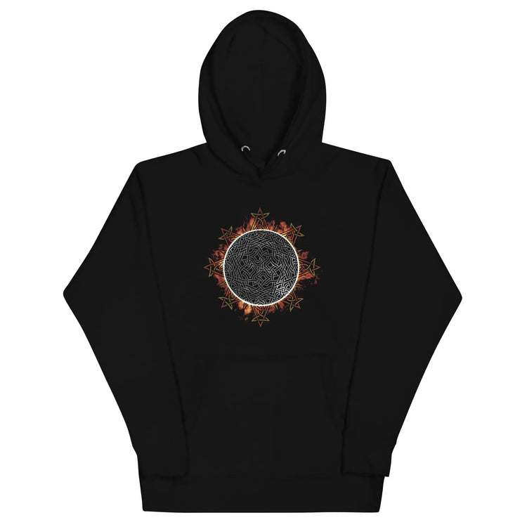 A black Xigfireon graphic hoodie featuring the Eclipsed iteration of the Morning Star Fire Celtic knot design, inspired by the 2023 Annular Solar Eclipse.