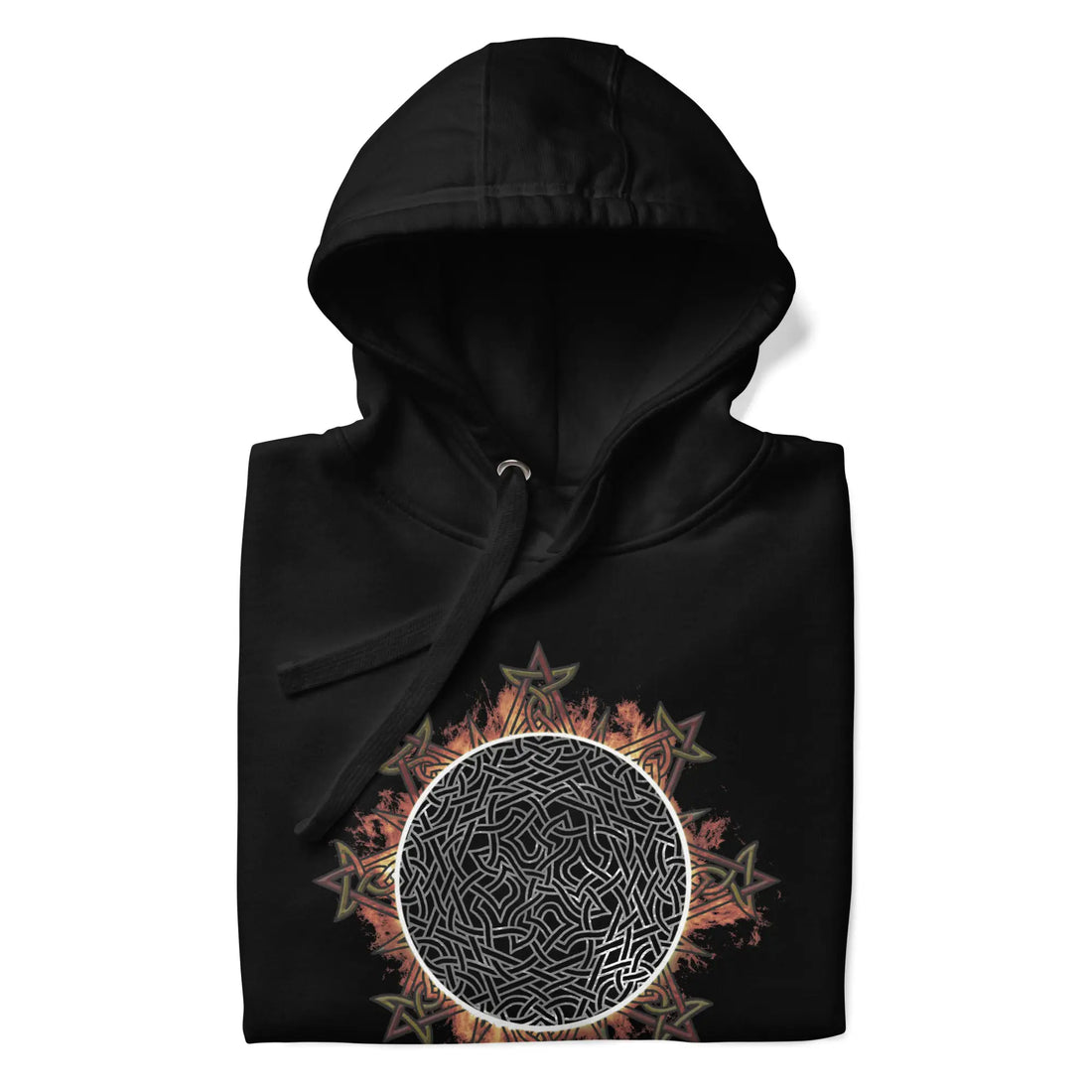 A folded black Xigfireon graphic hoodie featuring the Eclipsed iteration of the Morning Star Fire Celtic knot design, inspired by the 2023 Annular Solar Eclipse.